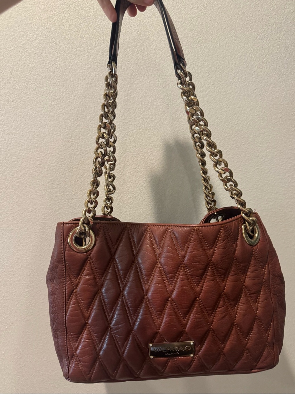 Valentino Quilted Brown Leather Tote with Gold Chain Straps